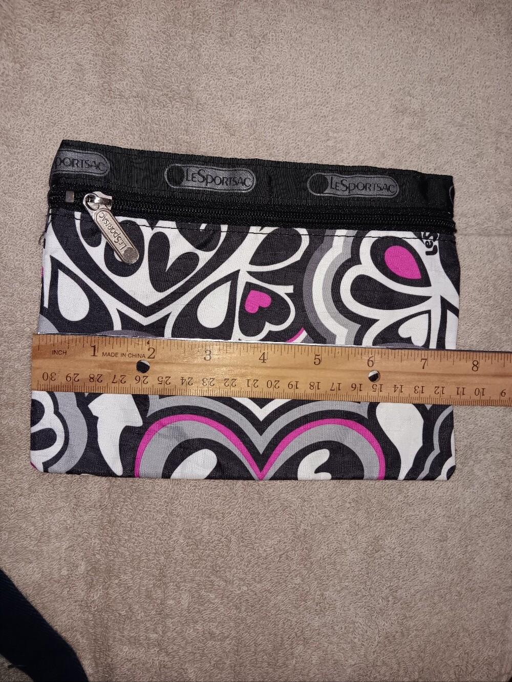 Lesportsac Black White Pink Heart-Pattern Zip Pouch